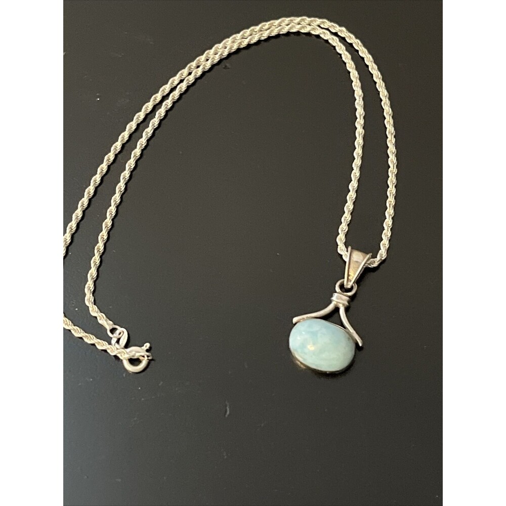 Sterling Silver 925 Blue Larimar Pendant Rope Chain Necklace Italy 16”